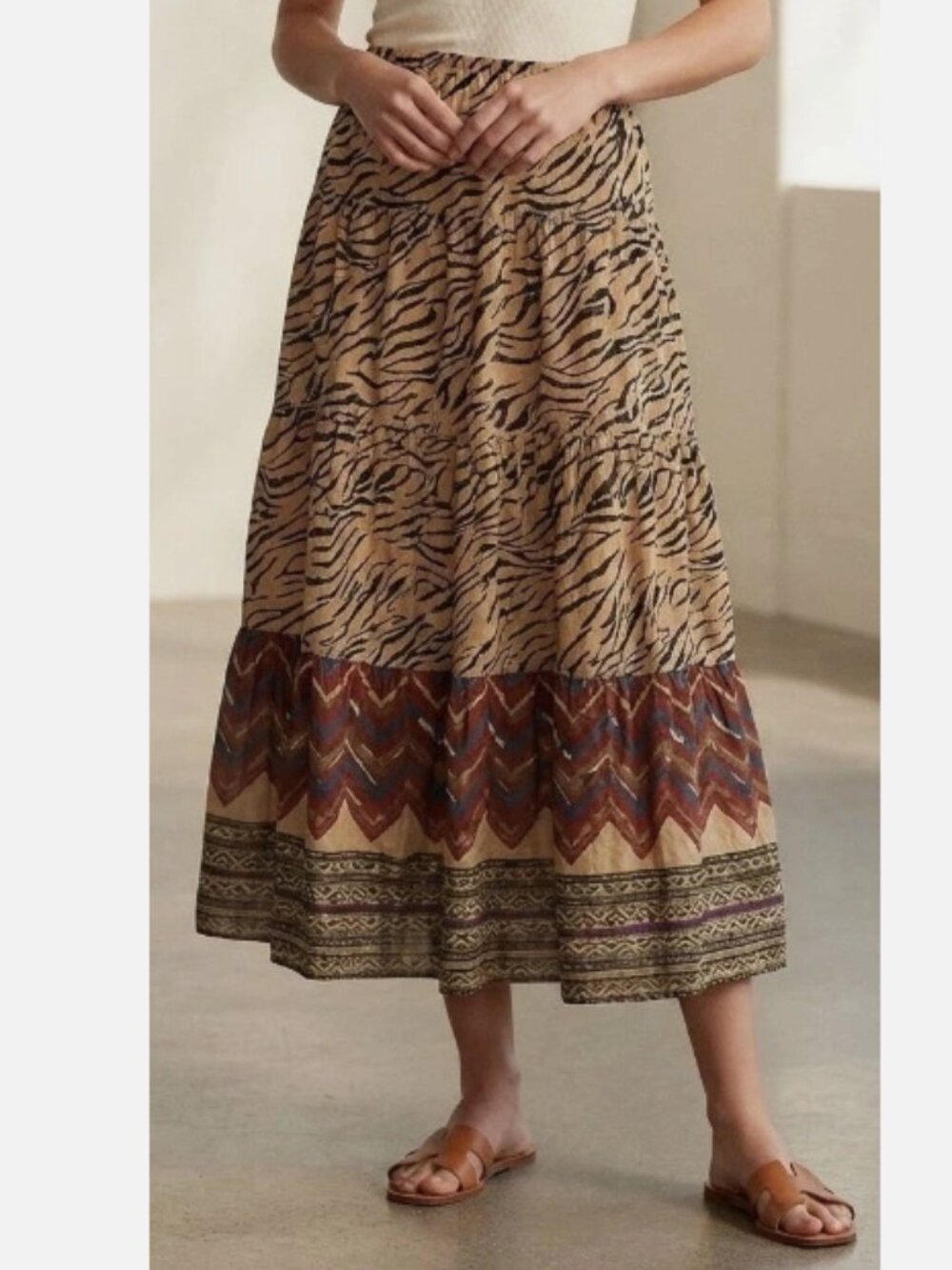 Vintage Brand New LRL Animal Print Tiered Boho Maxi Skirt Cotton Y2K XL